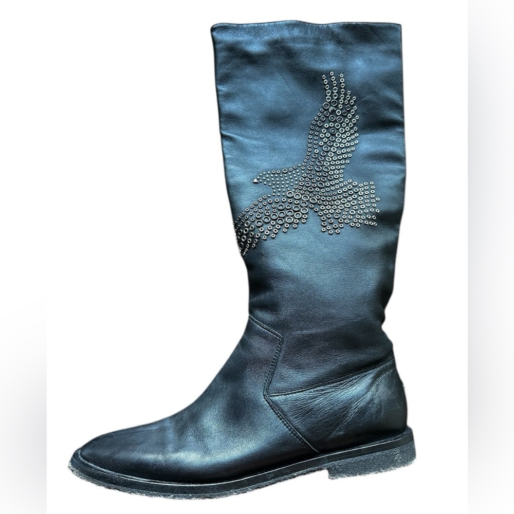 JIMMY CHOO LONDON WYLIE EAGLE BIRD LEATHER BOOT BLACK MOTO